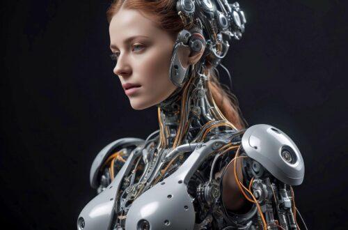 a woman with red hair and metal body